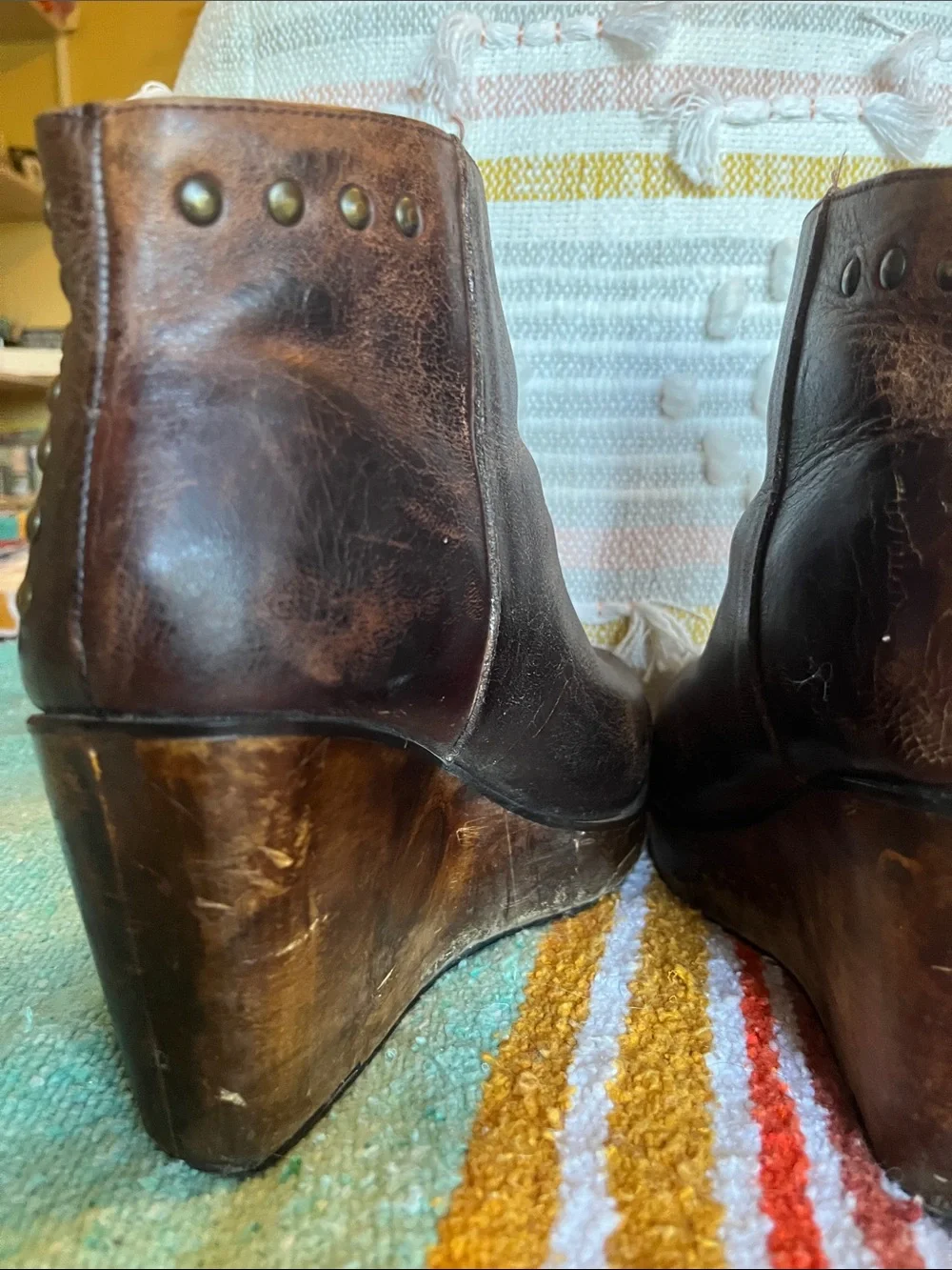 Bed Stu Brown Leather Studded Wedge Ankle Boots